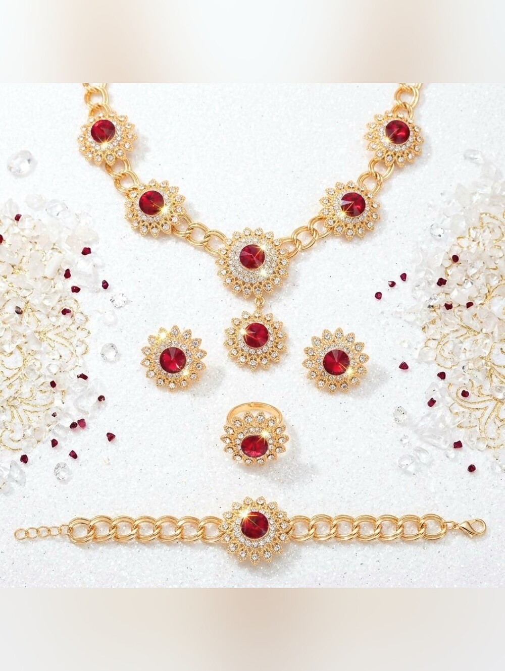 Red And White Crystal Gold Necklace Earrings Bracelet And Ring Set